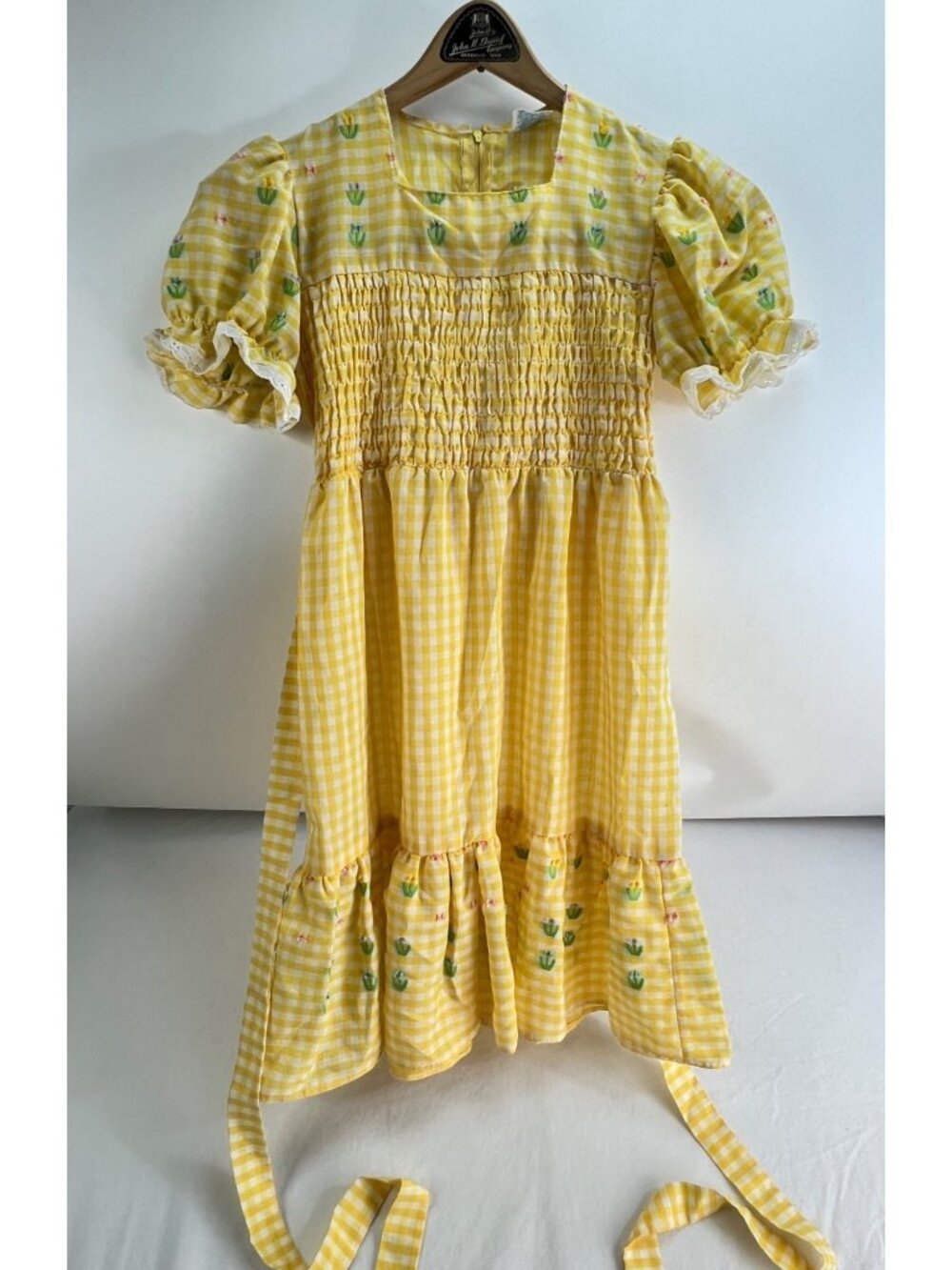 VTG Sears Growing Girl Yellow Gigham Prarie Dress sz 10 Smocked Checked